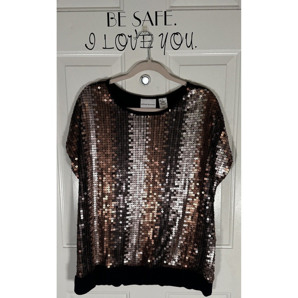 Alfred Dunner‎ Women L Top Neutral Multicolor Sequin Top Y2K Party Dressy Flashy